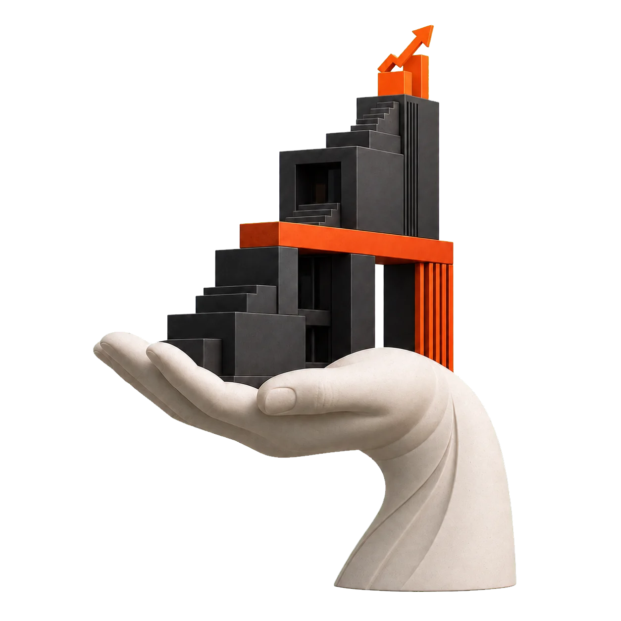 A sculptural hand supporting a rising black and orange business structure