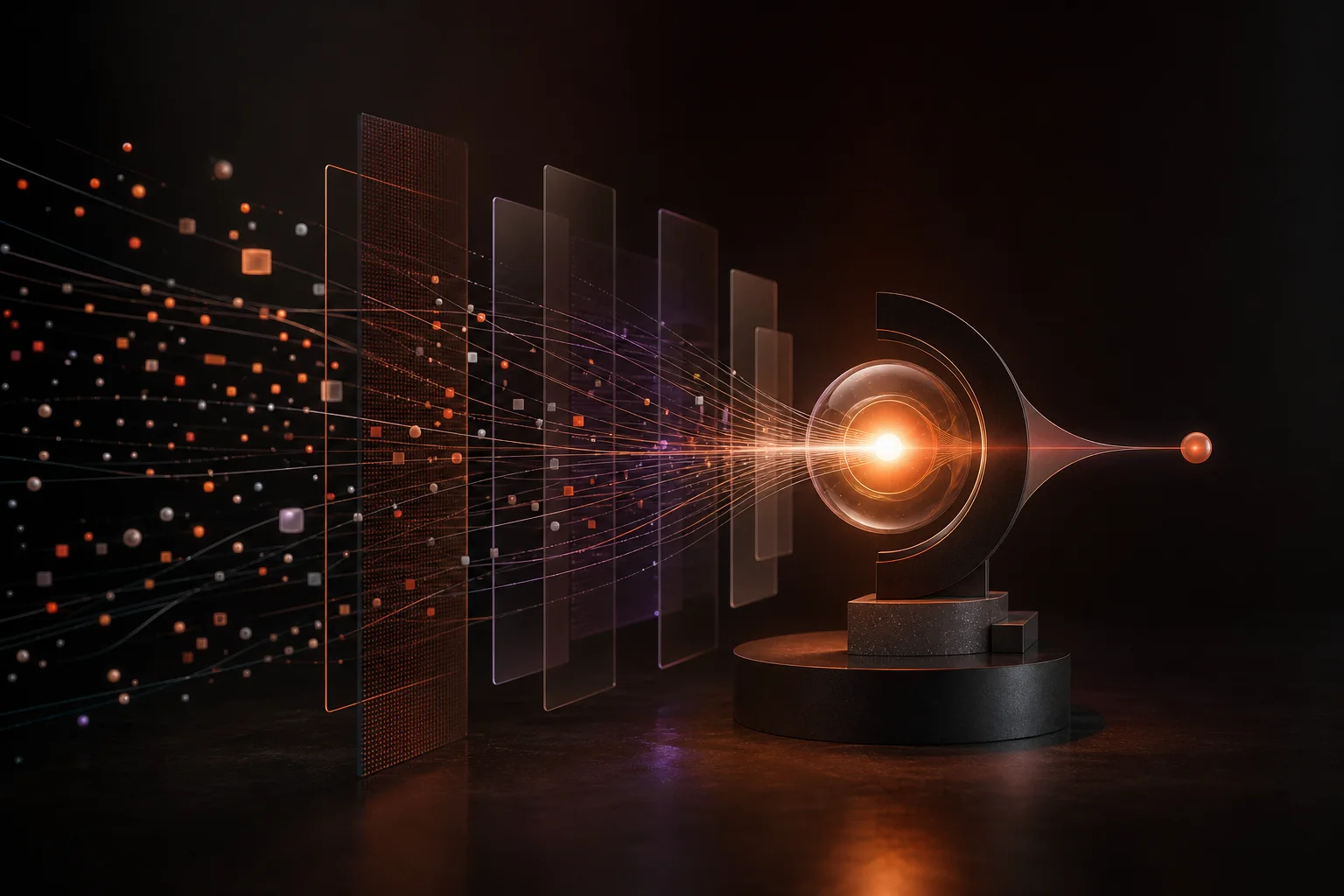 Orange information signals passing through layered glass toward a focused central point