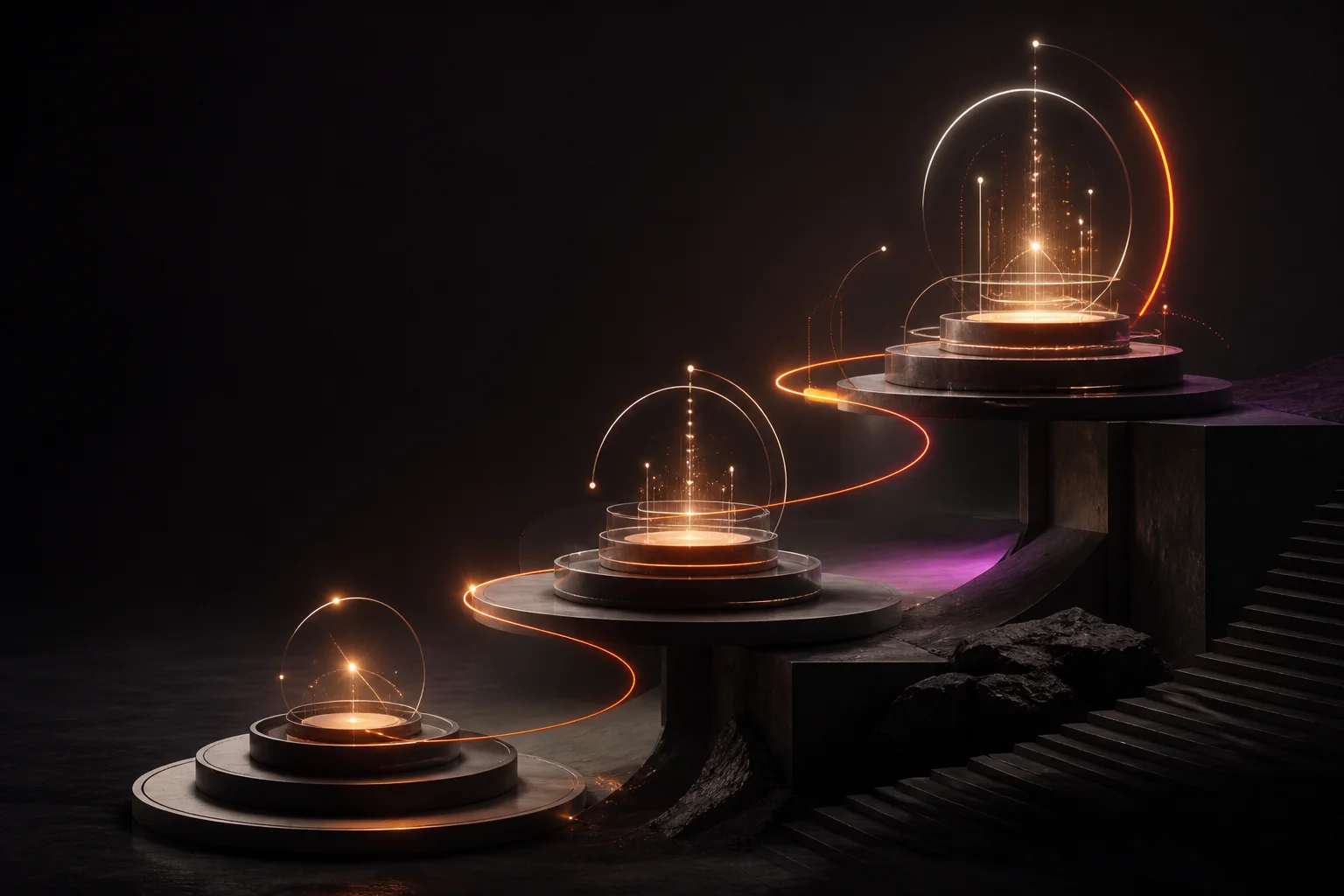 Three rising circular platforms linked by a glowing orange signal path