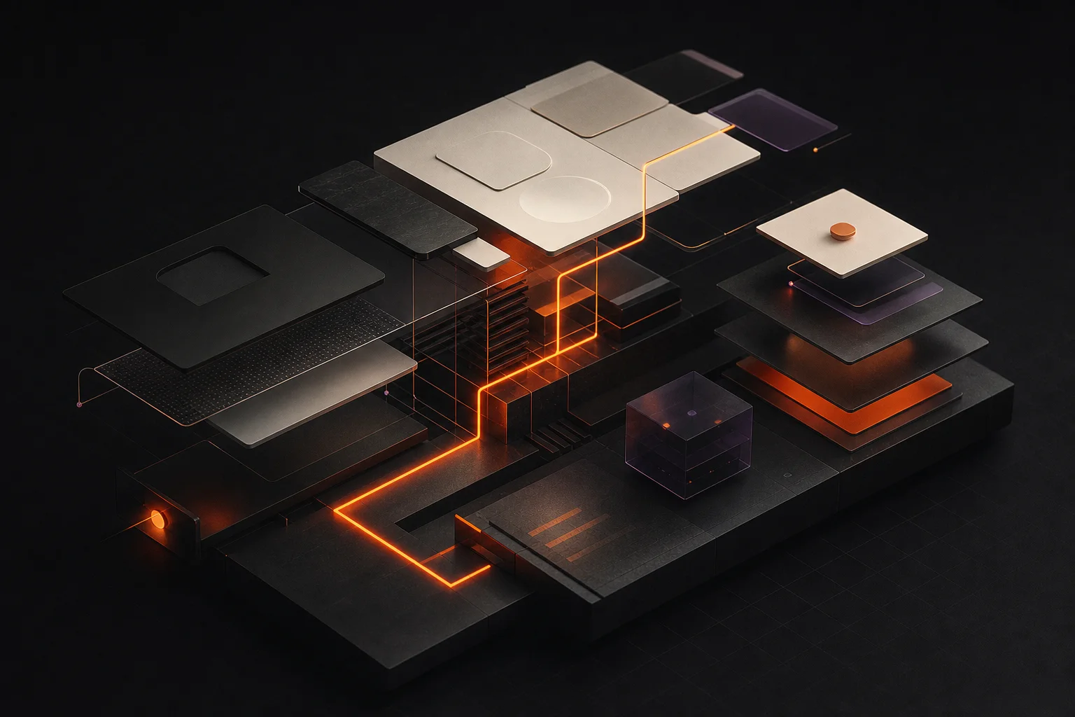 Modular dark and ivory product layers connected by a continuous orange path