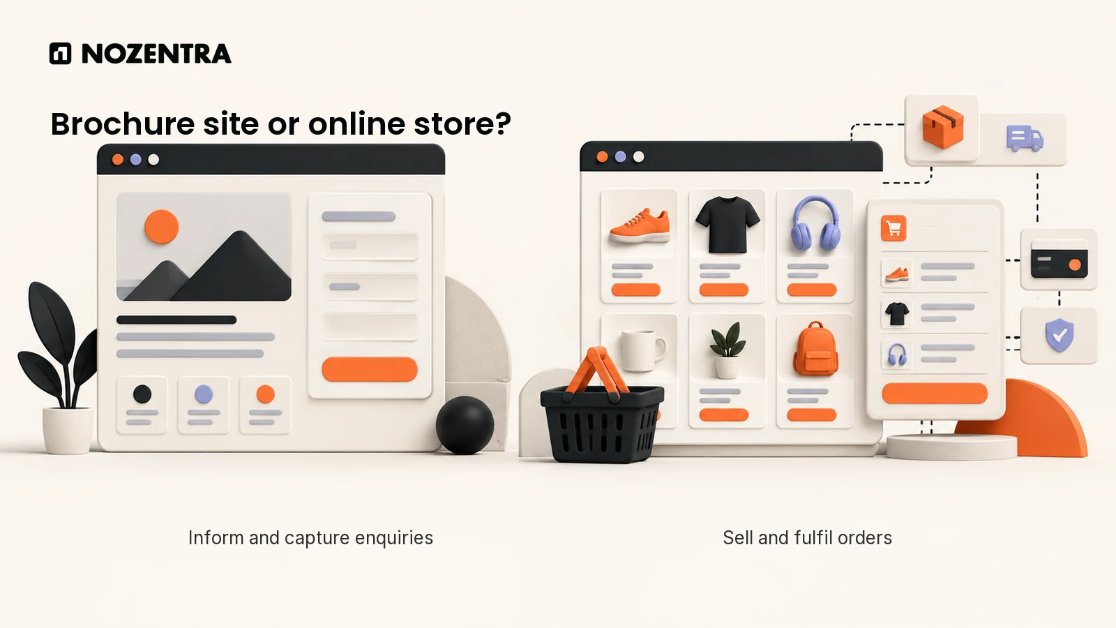 Illustrated comparison of a simple business brochure website and a store with catalogue, checkout and fulfilment elements.