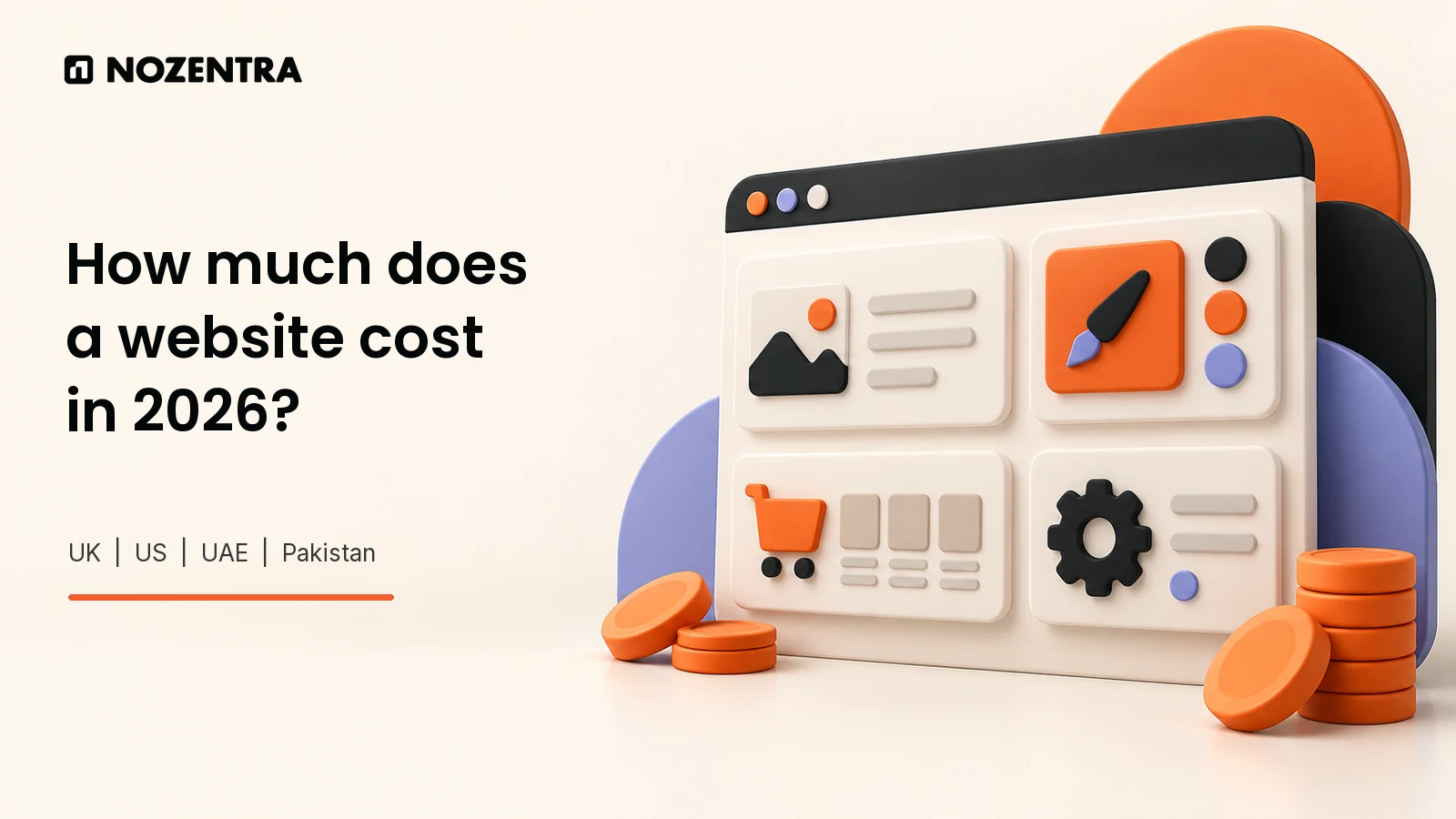 Illustration of website content, design, ecommerce and support modules with abstract cost discs.
