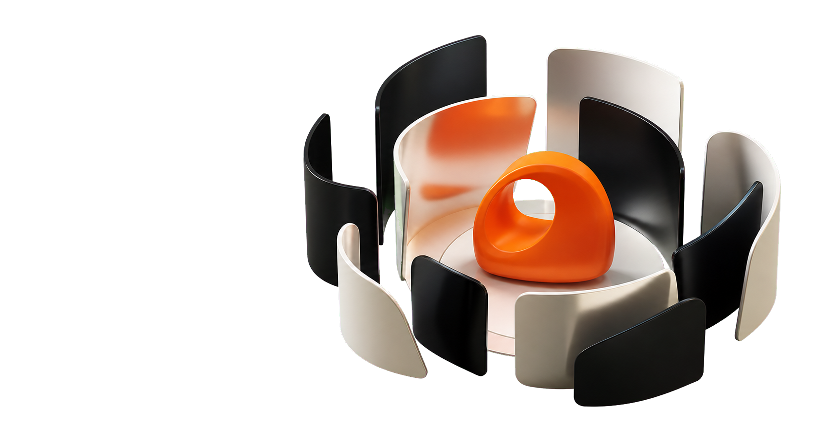 Orange brand form surrounded by black and warm-white reflective AI environments