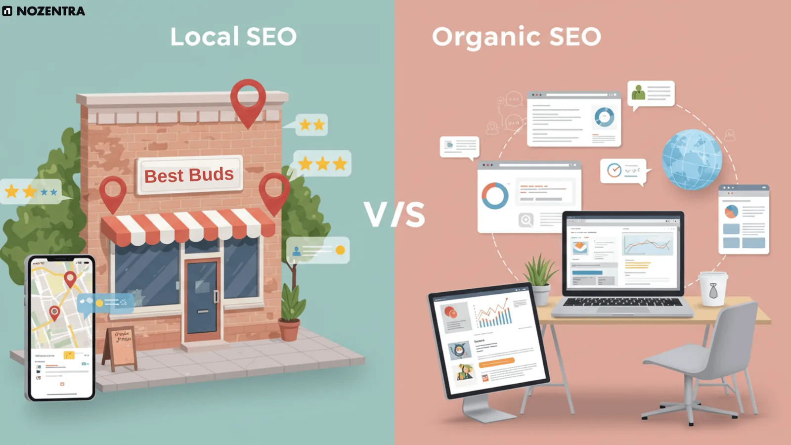 Local SEO versus organic SEO illustration: a local shop with map pins and reviews beside a desk with web pages, analytics and a globe.