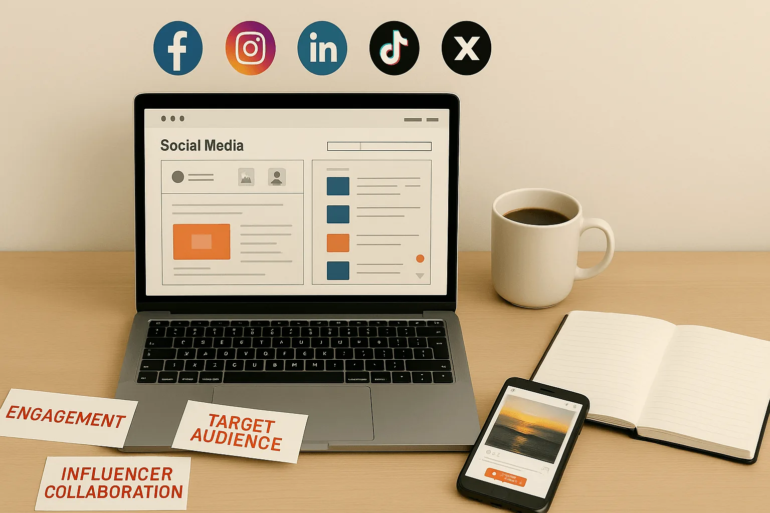 Social media marketing workspace with platform icons and notes on engagement, target audience and influencer collaboration
