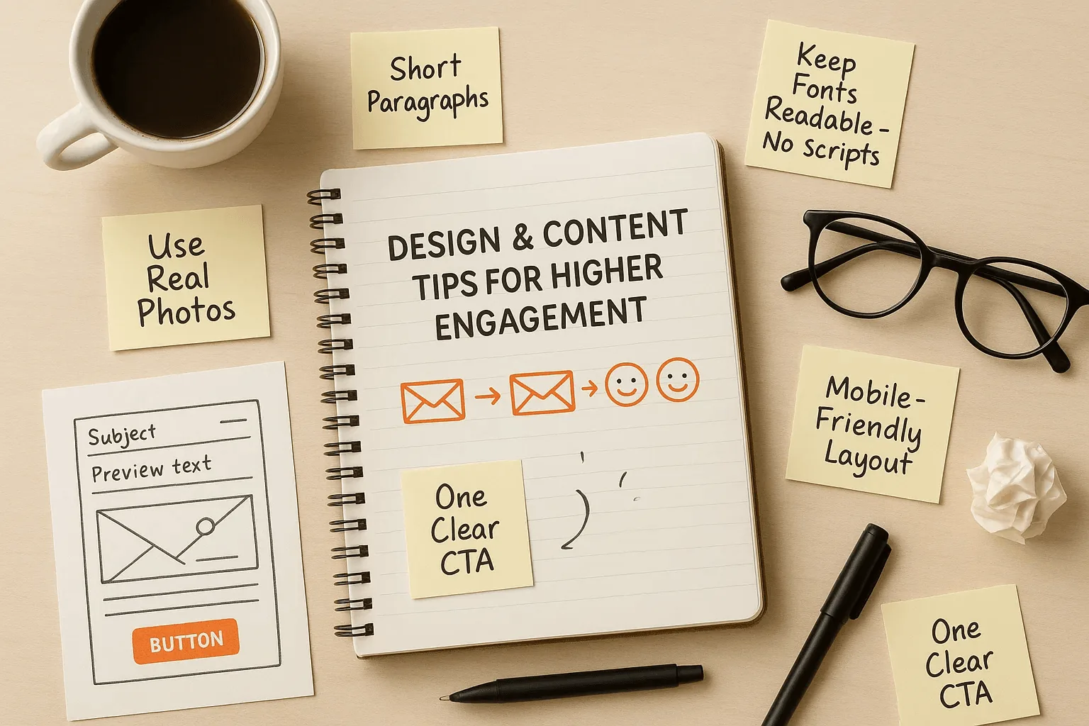 Email design and content tips: short paragraphs, readable fonts, real photos, mobile-friendly layout, one clear call to action