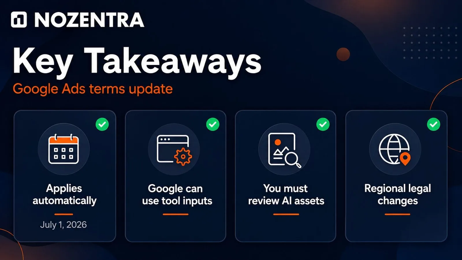 Key takeaways: applies automatically from 1 July 2026, Google can use tool inputs, you must review AI assets, regional legal changes