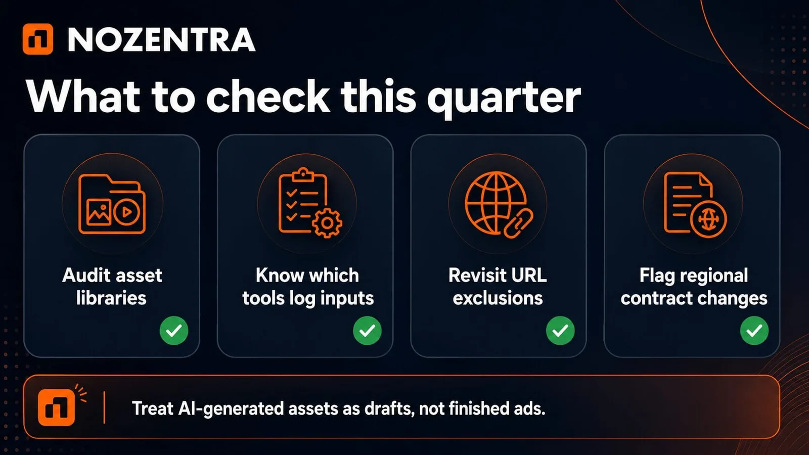 What to check this quarter: audit asset libraries, know which tools log inputs, revisit URL exclusions, flag regional contract changes