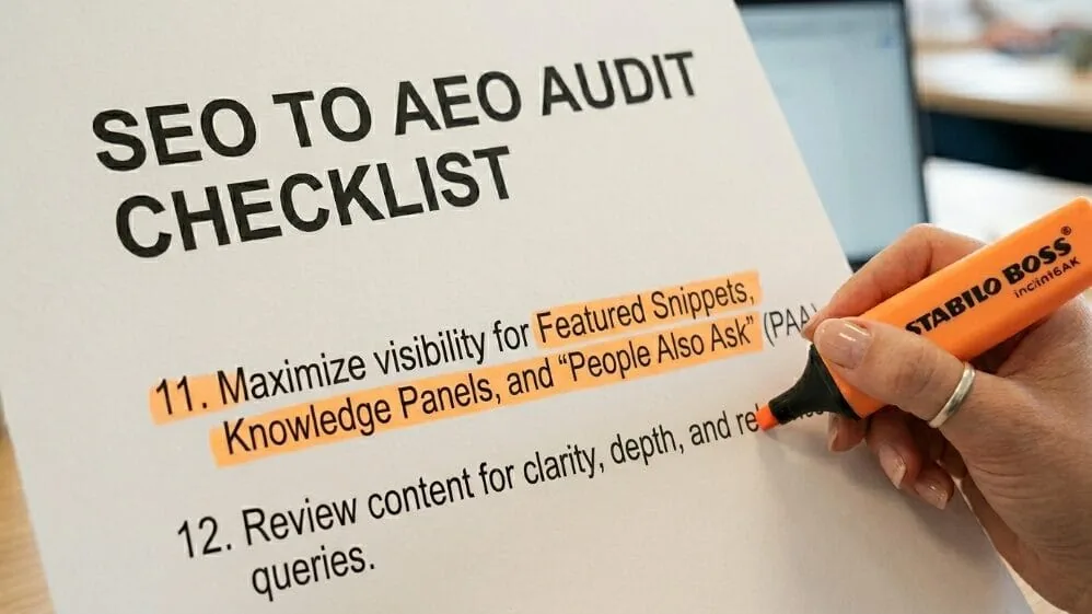SEO to AEO audit checklist on paper, highlighted with an orange marker