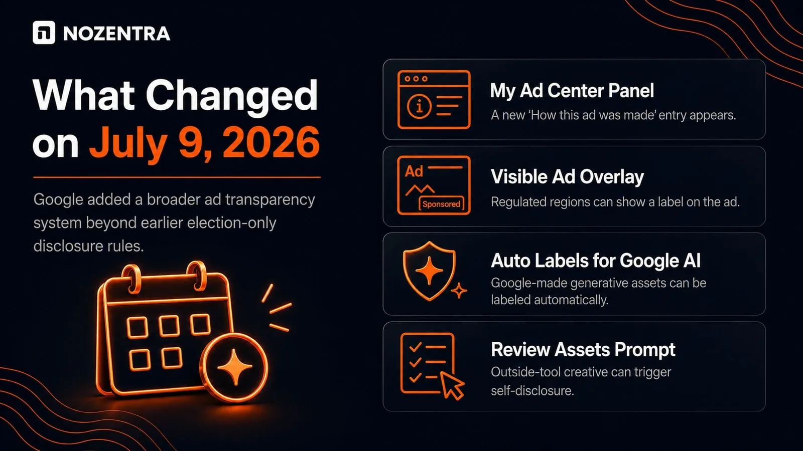 What changed on 9 July 2026: My Ad Center panel, visible ad overlay, auto labels for Google AI, review assets prompt