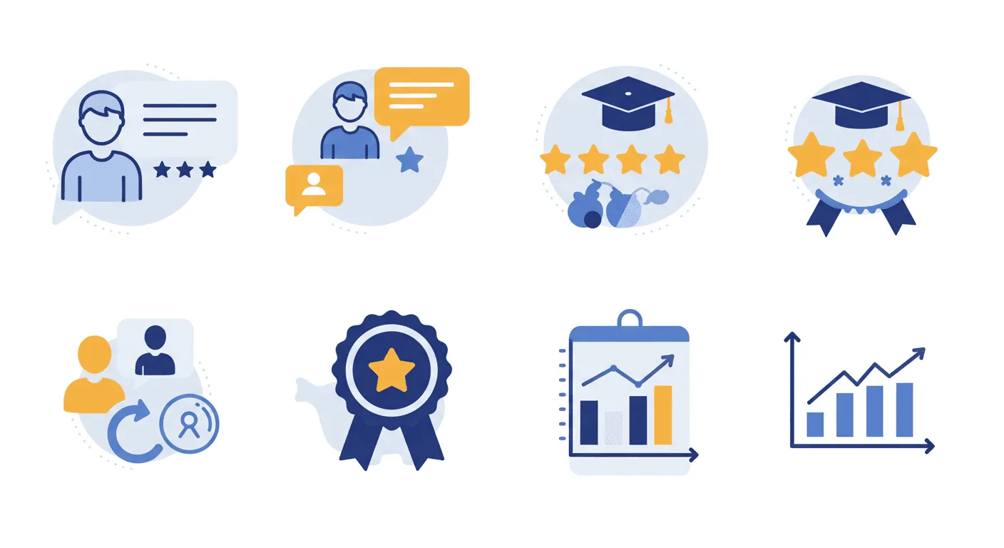 Trust signals illustrated: reviews, testimonials, expertise, awards and growth results