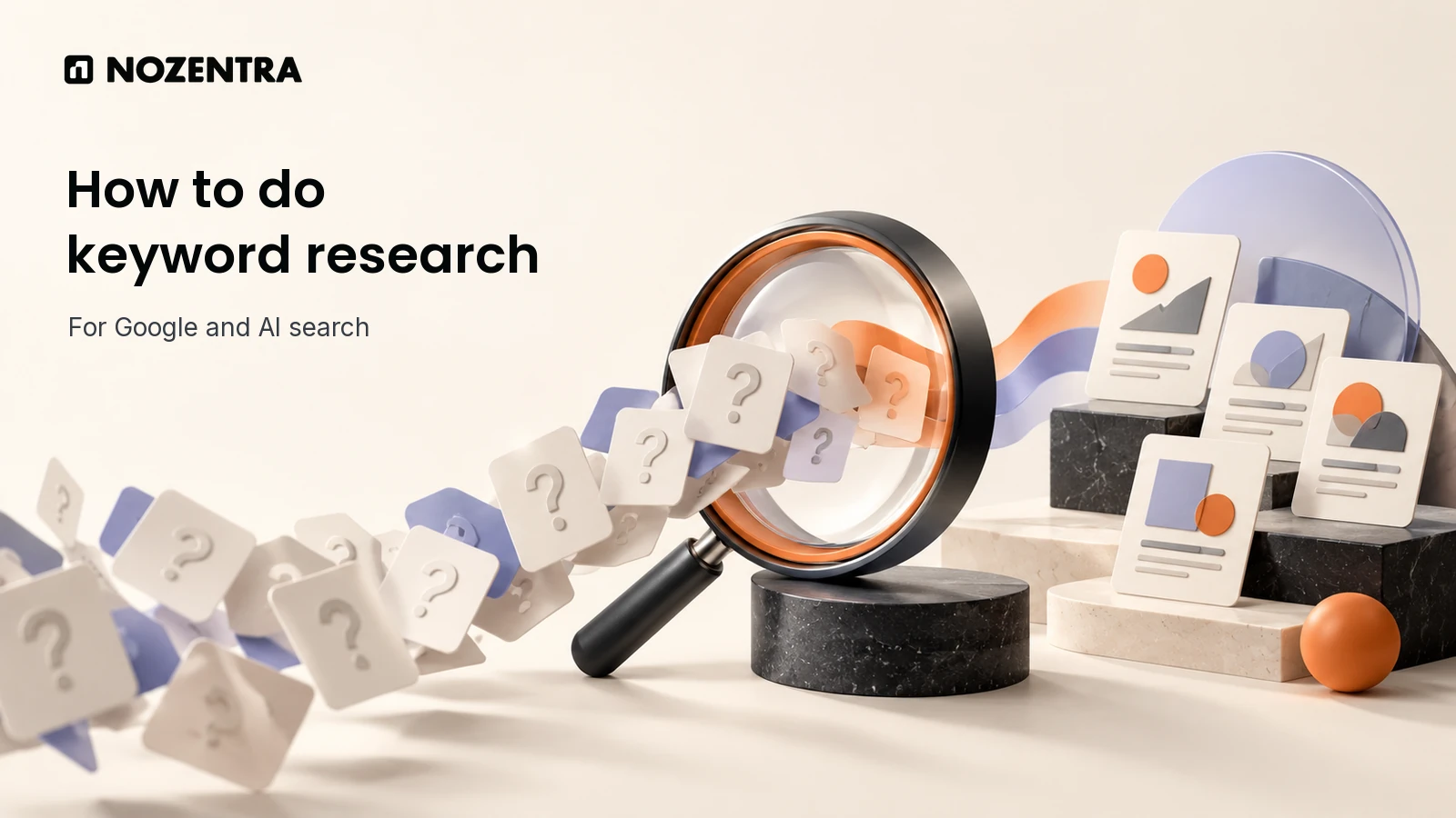 Illustration of keyword research connecting audience questions, search evidence and a focused content plan.