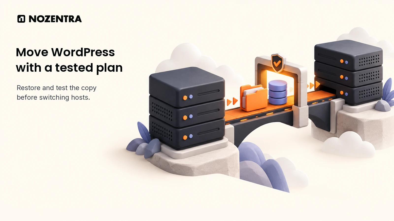 Illustration of WordPress files and a database moving between hosts along a checked route.