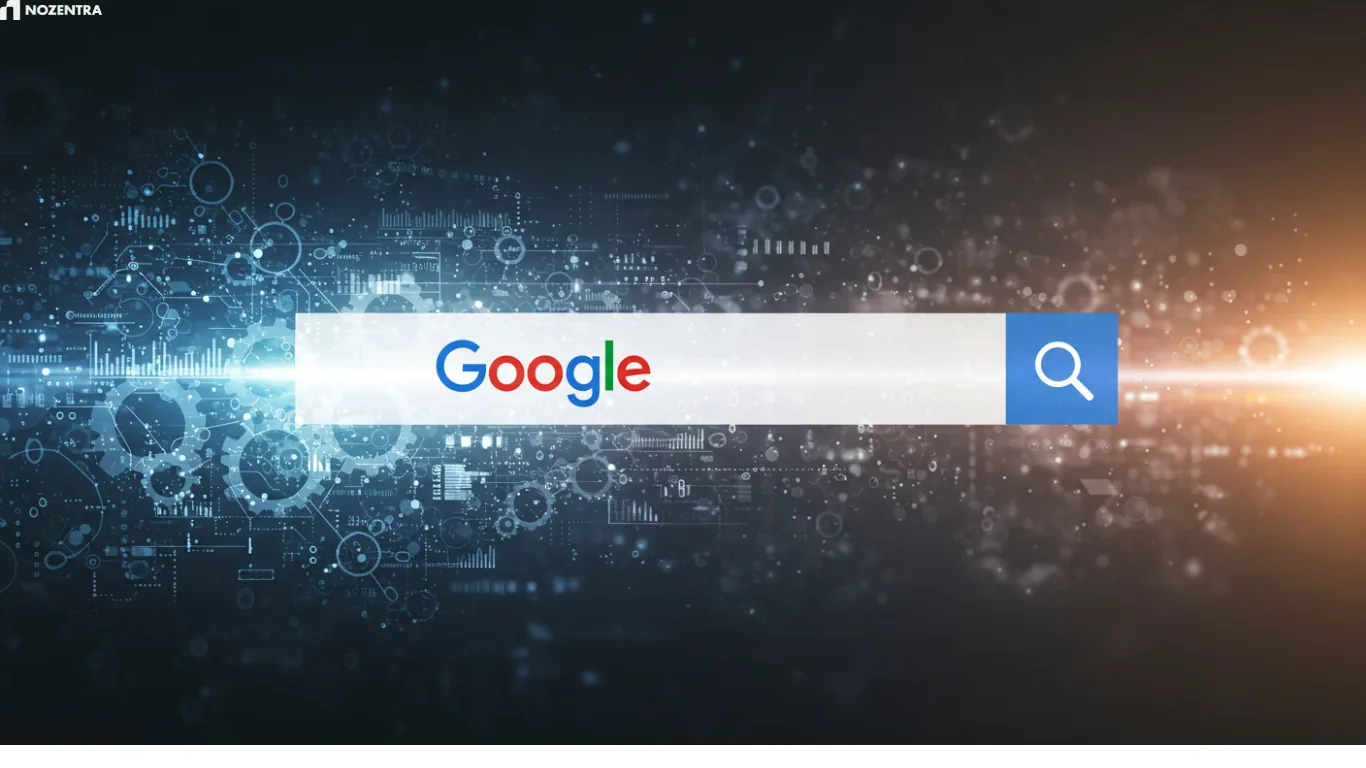 Google search bar on a digital network background