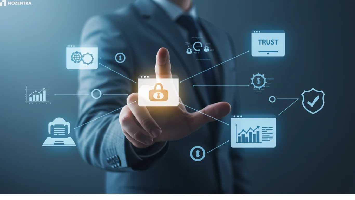 A hand touching a padlock surrounded by trust, security and analytics icons