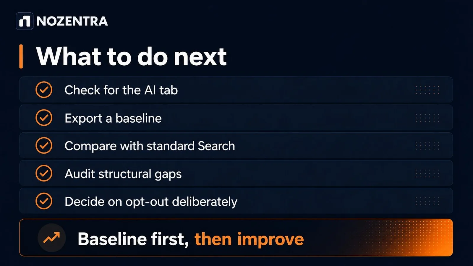 What to do next: check for the AI tab, export a baseline, compare with standard Search, audit structural gaps, decide on opt-out deliberately