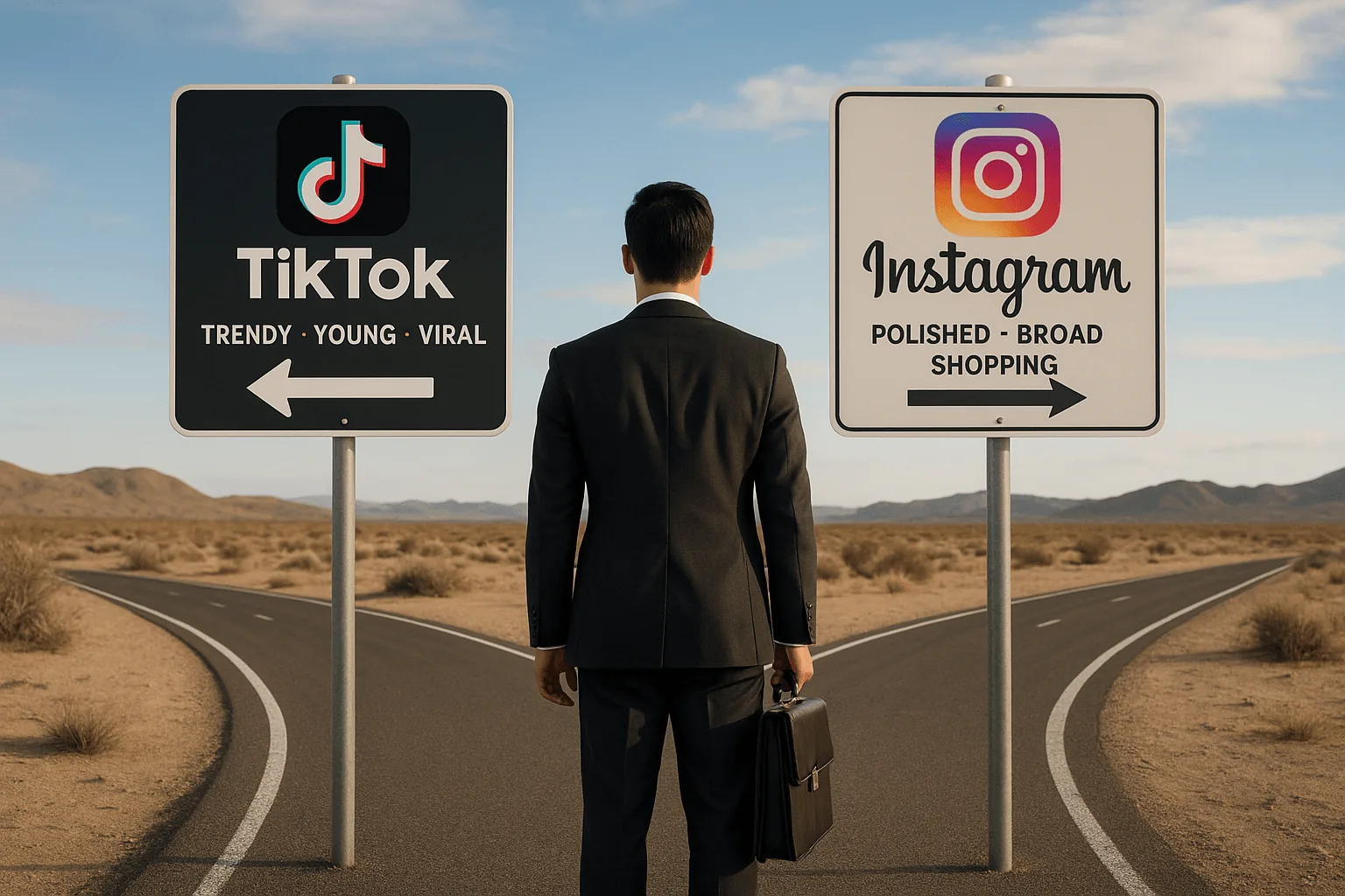 Crossroads signpost pointing to TikTok, labelled trendy, young and viral, and to Instagram, labelled polished, broad and shopping.