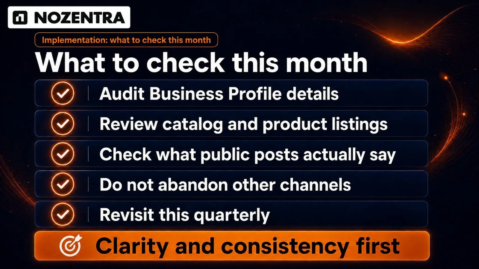 What to check this month: business profile details, catalogue and listings, public posts, other channels, quarterly review