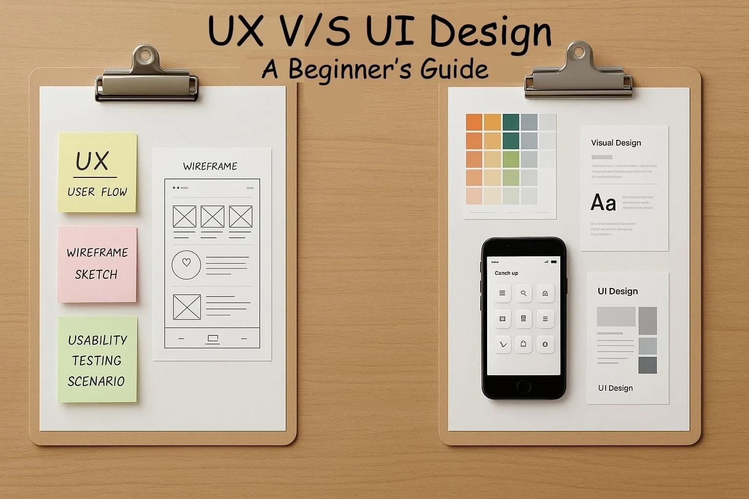 Two clipboards comparing UX work, such as user flows, wireframes and usability testing, with UI work, such as colour palettes, typography and app screens.