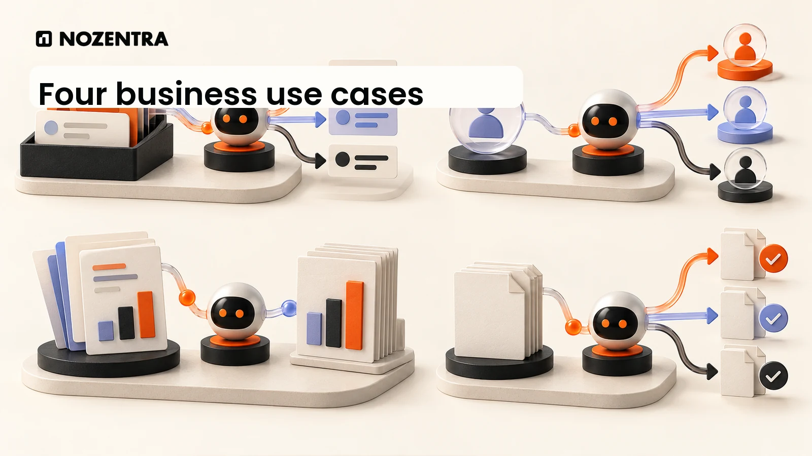 Illustration of four potential business agent applications: support triage, lead routing, reporting and onboarding.