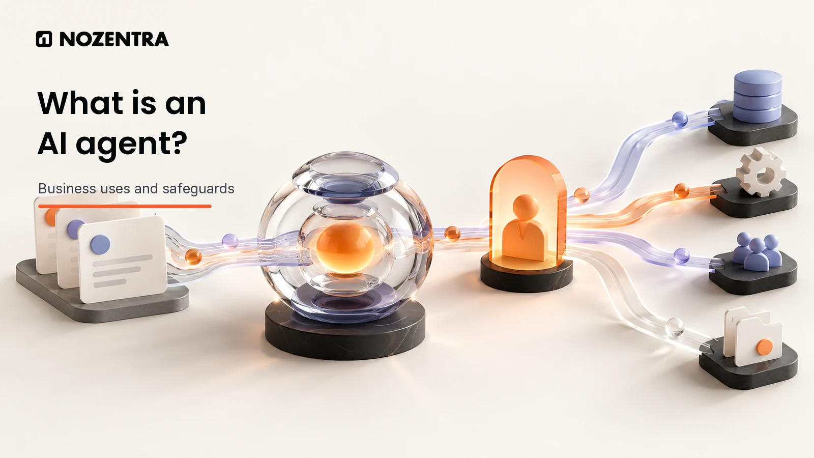 Illustration of an AI agent coordinating approved business tools with a human review checkpoint.