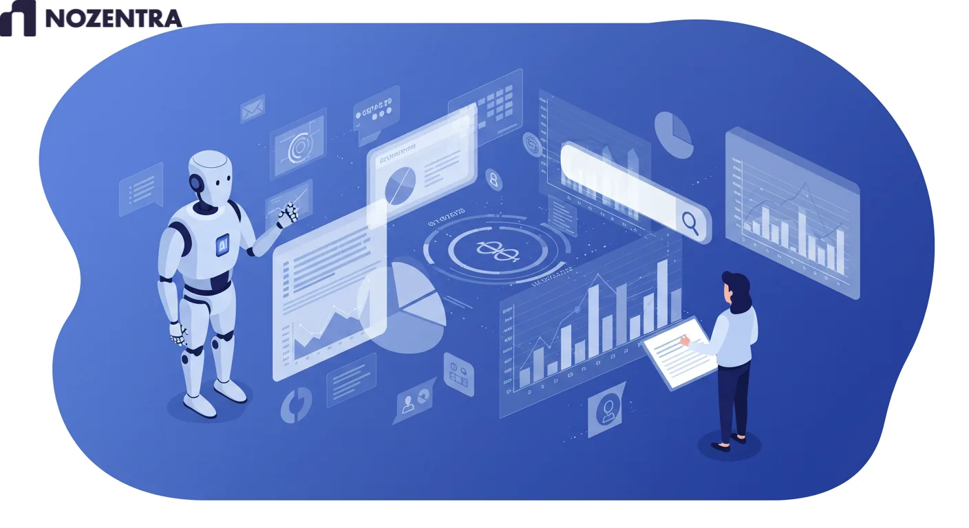 A robot and a person reviewing floating search and analytics charts together