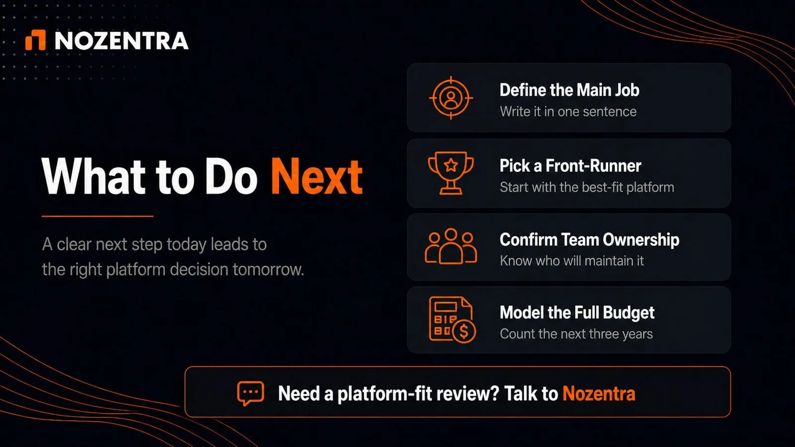 What to do next: define the main job, pick a front-runner, confirm team ownership, model the full budget
