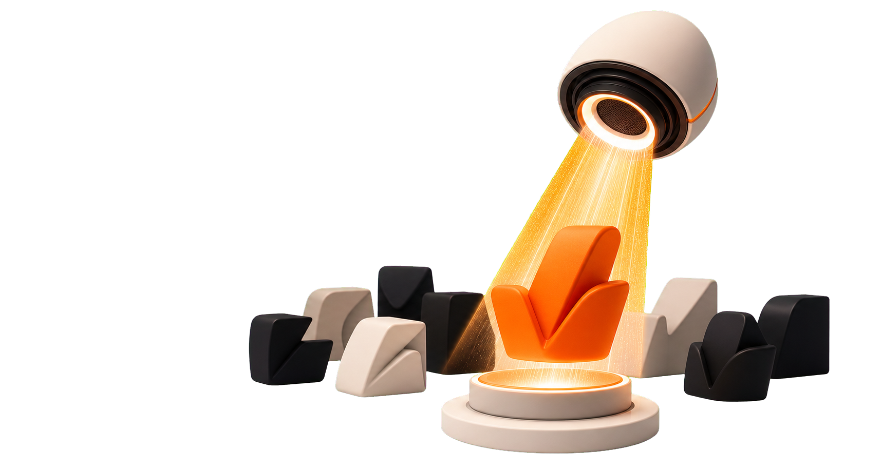 Black and white signal path with orange aperture guiding search signals upward