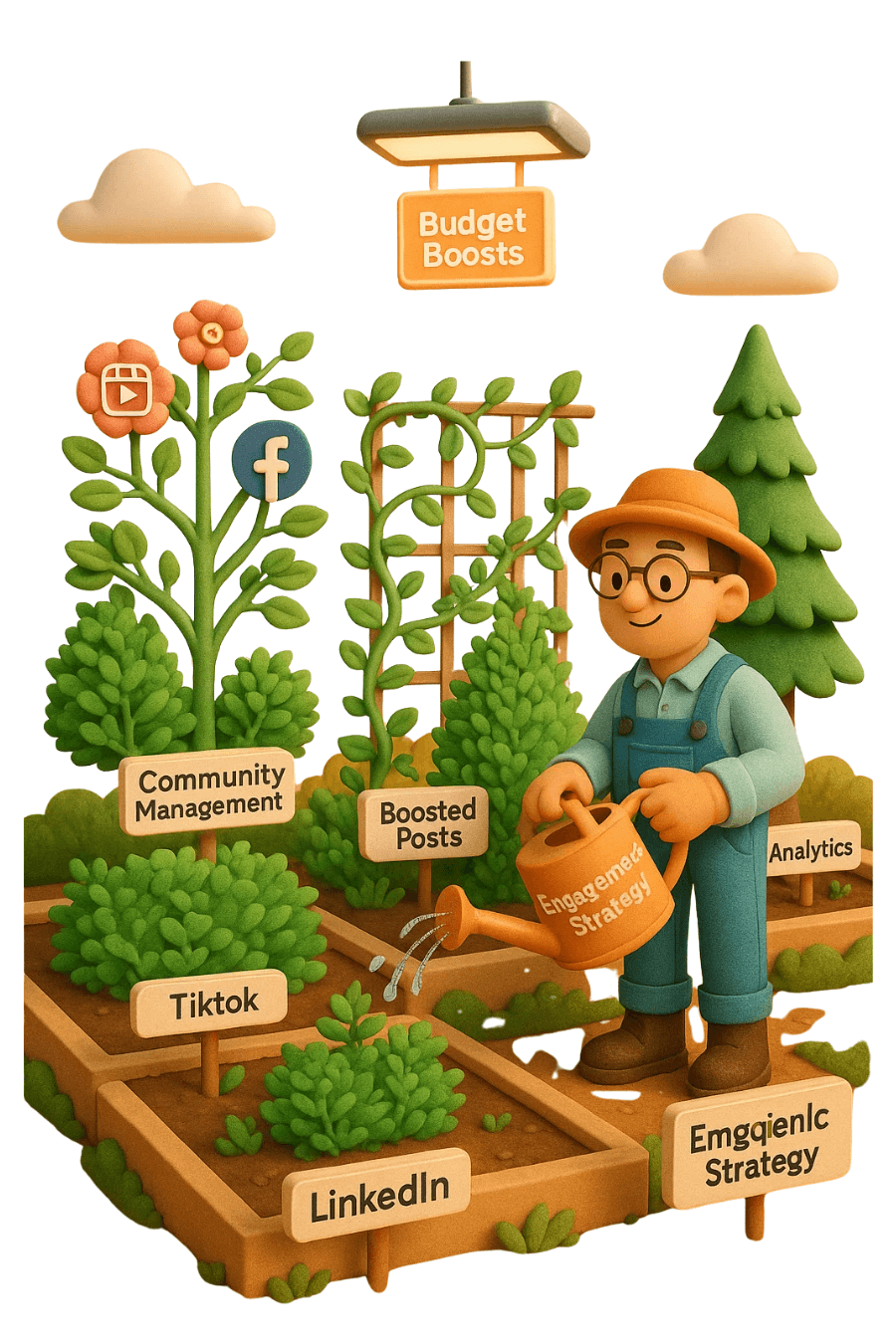 A gardener waters plants labeled TikTok, LinkedIn, with signs for Community Management, Boosted Posts, and Analytics. Overhead is a Budget Boosts sign.