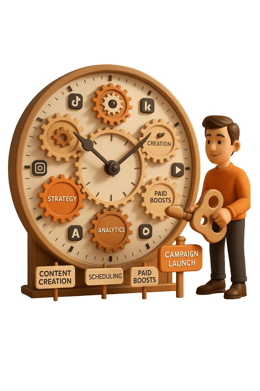 A cartoon man winds gears with social media icons inside a clock labeled "Strategy," "Creation," "Analytics," reflecting a collaborative process or campaign launch.