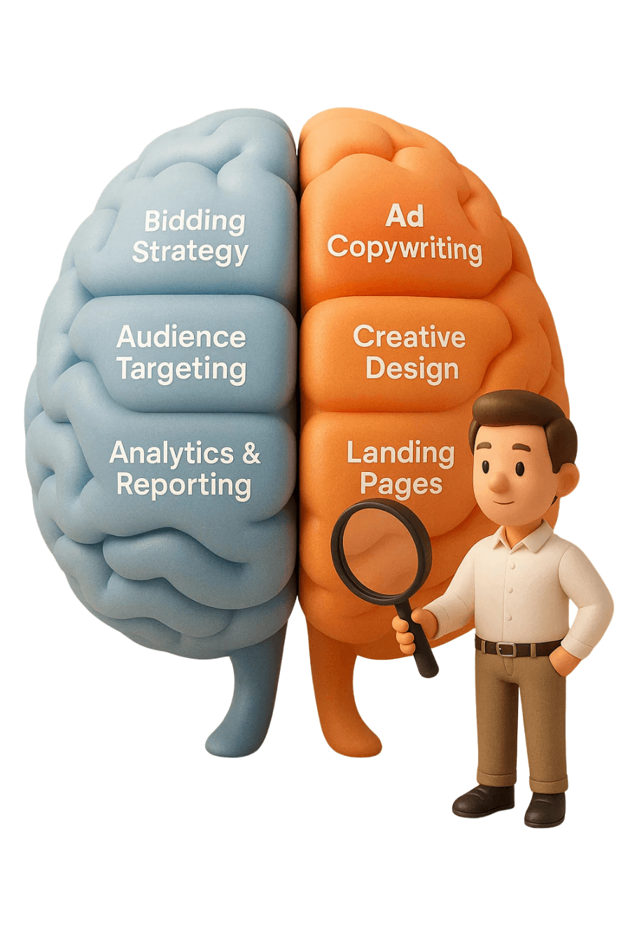 Illustration of a brain split into blue and orange halves: blue side labeled with "Bidding Strategy," "Audience Targeting," "Analytics & Reporting"; orange side labeled with "Ad Copywriting," "Creative Design," "Landing Pages." A cartoon man holds a magnifying glass, smiling. Emphasizes digital marketing strategies.