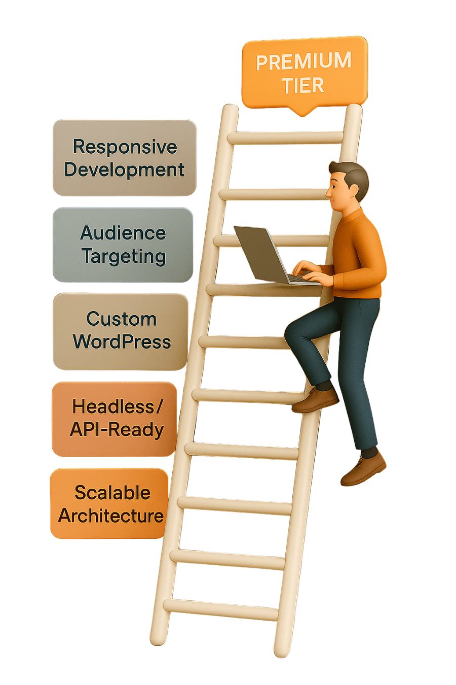 A person on a ladder labeled "Premium Tier" using a laptop. Text on the left lists: Responsive Development, Audience Targeting, Custom WordPress, Headless/API-Ready, Scalable Architecture. Tone suggests progress and expertise.