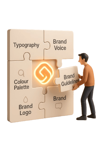 Man assembling puzzle pieces labeled Typography, Brand Voice, Colour Palette, Brand Logo, Brand Guidelines, surrounding a glowing symbol on black background.