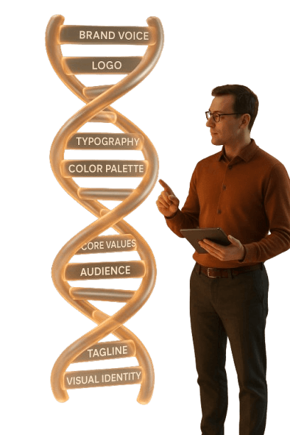 A man in glasses and an orange sweater holds a tablet, pointing at a glowing DNA helix labeled with brand keywords like "Logo" and "Typography."