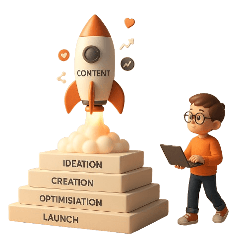 A cartoon rocket labeled "Content" launches from a four-tier platform reading "Ideation, Creation, Optimisation, Launch." A person with glasses and a laptop watches excitedly.