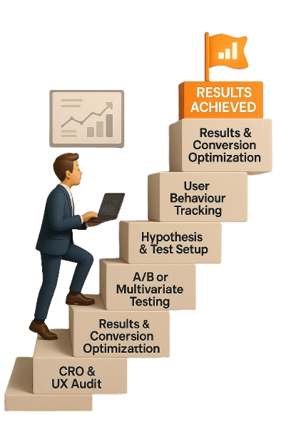 A person in business attire climbs a staircase labeled with steps for digital optimization: CRO audit, A/B testing, user tracking, ending at "Results Achieved."