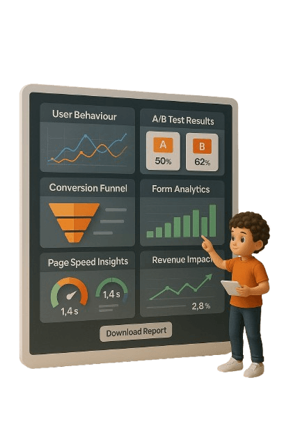 3D character points at a dashboard displaying user behavior, A/B test results, conversion funnel, form analytics, page speed insights, and revenue impact charts and graphs.