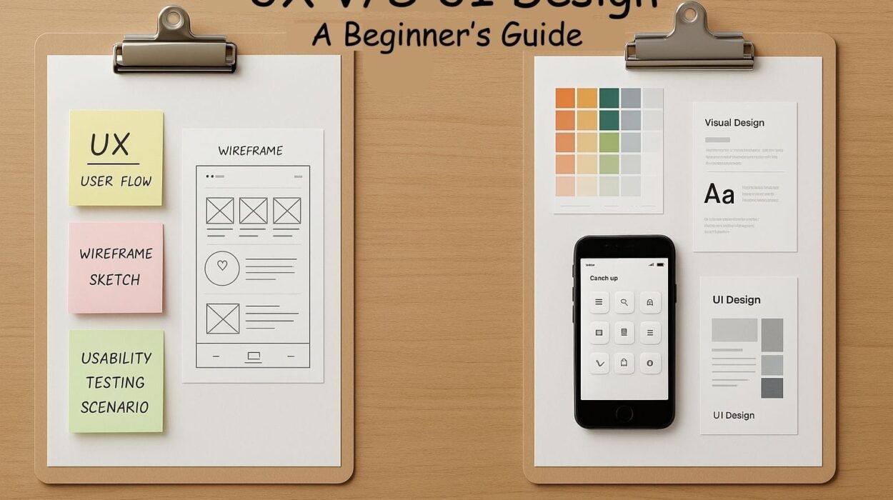 UX vs UI design beginner’s guide with wireframes, user flow, and visual design examples