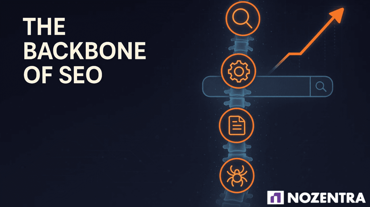 Graphic illustrating "The Backbone of SEO" with icons representing search, optimization, content, and crawling, alongside a growth chart and search bar.