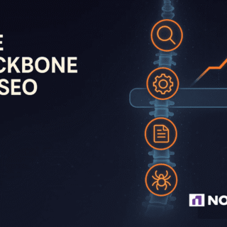 Graphic illustrating "The Backbone of SEO" with icons representing search, optimization, content, and crawling, alongside a growth chart and search bar.