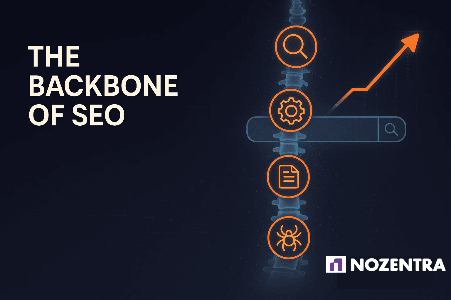 Graphic illustrating "The Backbone of SEO" with icons representing search, optimization, content, and crawling, alongside a growth chart and search bar.