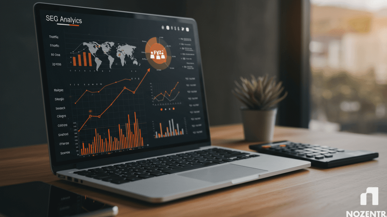 Laptop displaying SEO Analytics with various charts, graphs, and a world map, next to a calculator on a wooden desk.