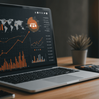 Laptop displaying SEO Analytics with various charts, graphs, and a world map, next to a calculator on a wooden desk.
