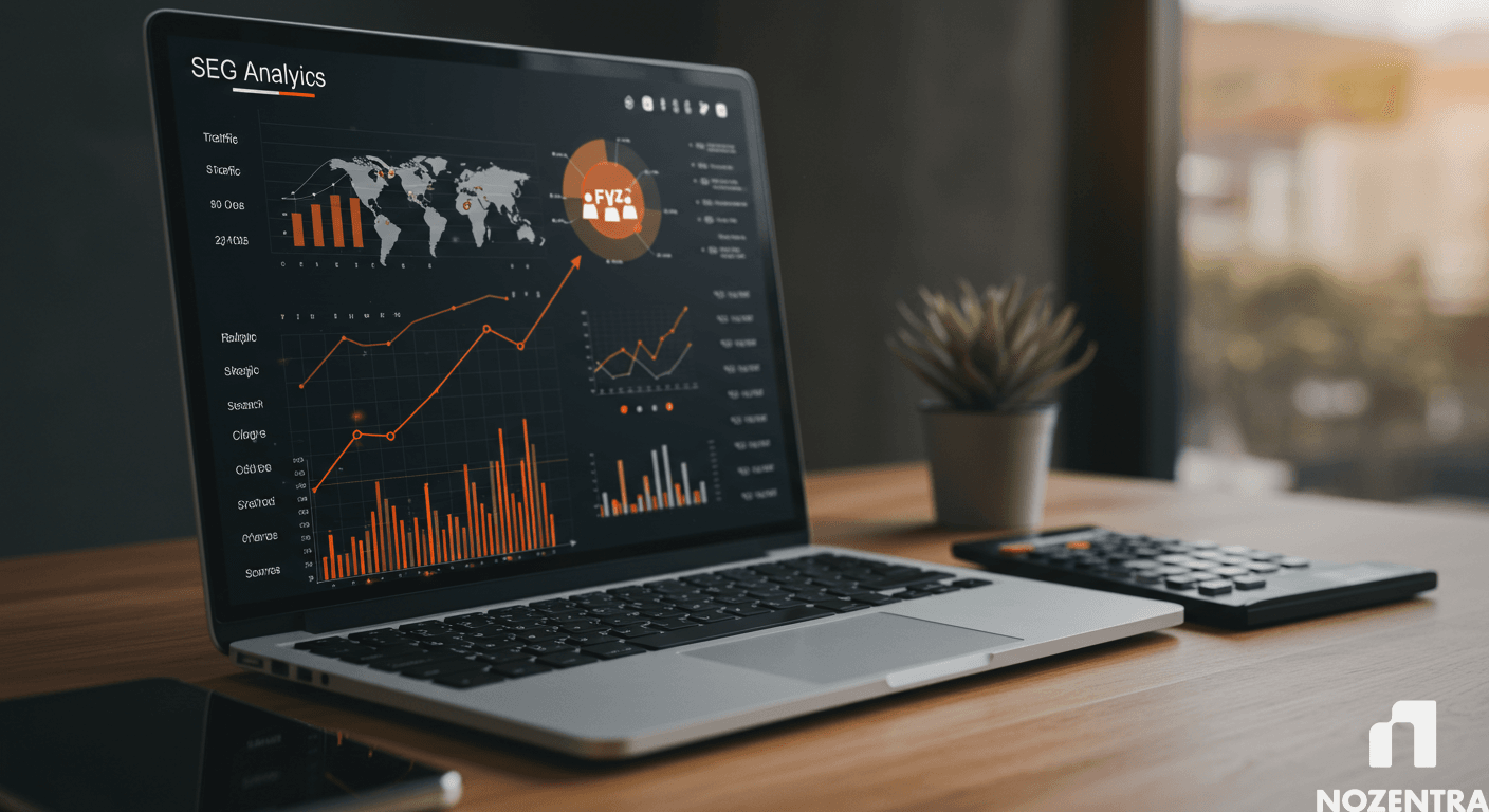 Laptop displaying SEO Analytics with various charts, graphs, and a world map, next to a calculator on a wooden desk.