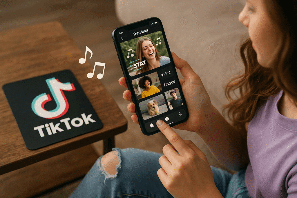 Instagram vs TikTok comparison showing a user browsing TikTok trending videos on mobile.
