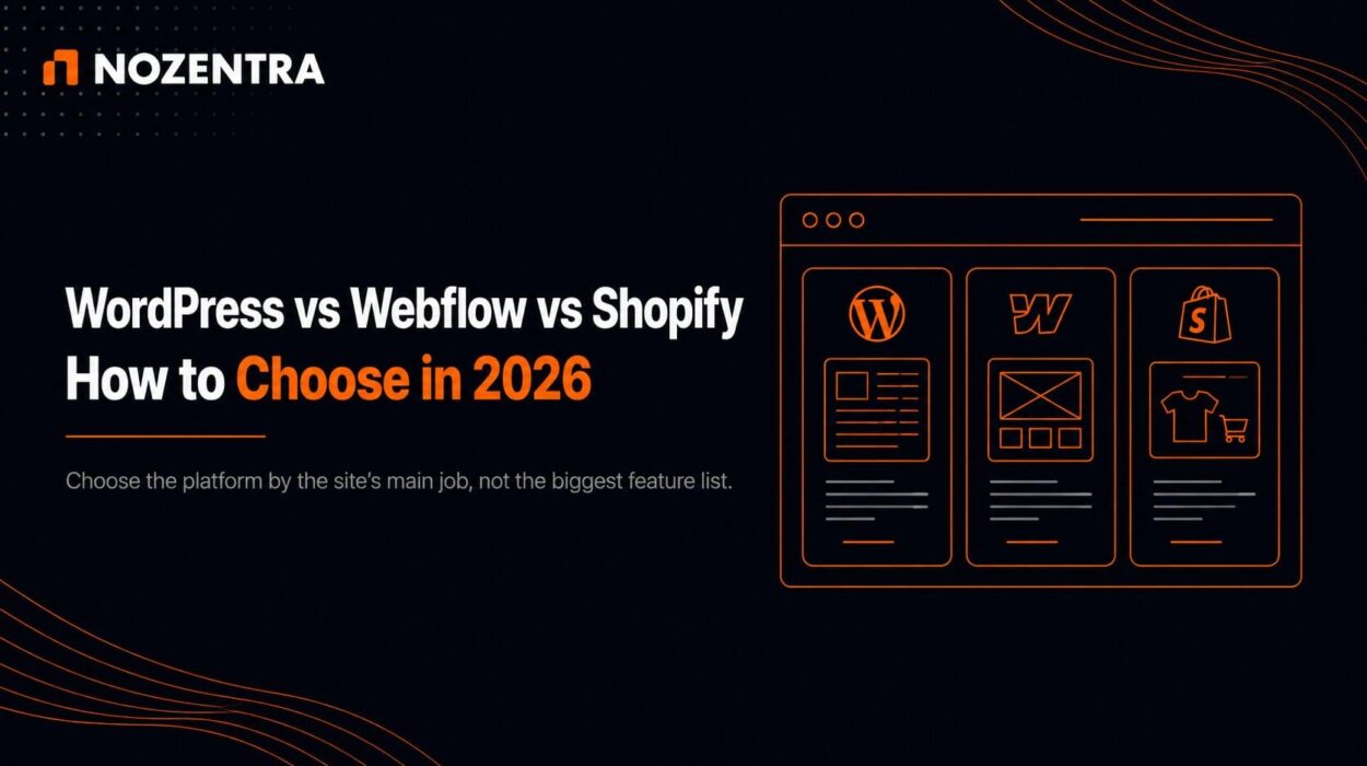 WordPress, Webflow and Shopify comparison graphic showing content, design and ecommerce platform options for 2026