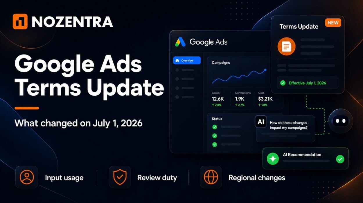 Dark Nozentra graphic showing the Google Ads terms update, AI automation, input usage, advertiser review duties, and regional changes.